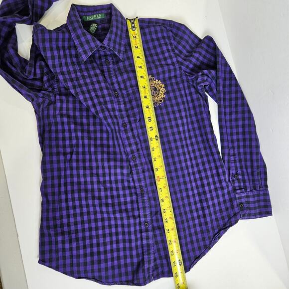 Lauren Ralph Lauren Purple and Black Gingham Checked Button Up Gold Crested M - Picture 7 of 7